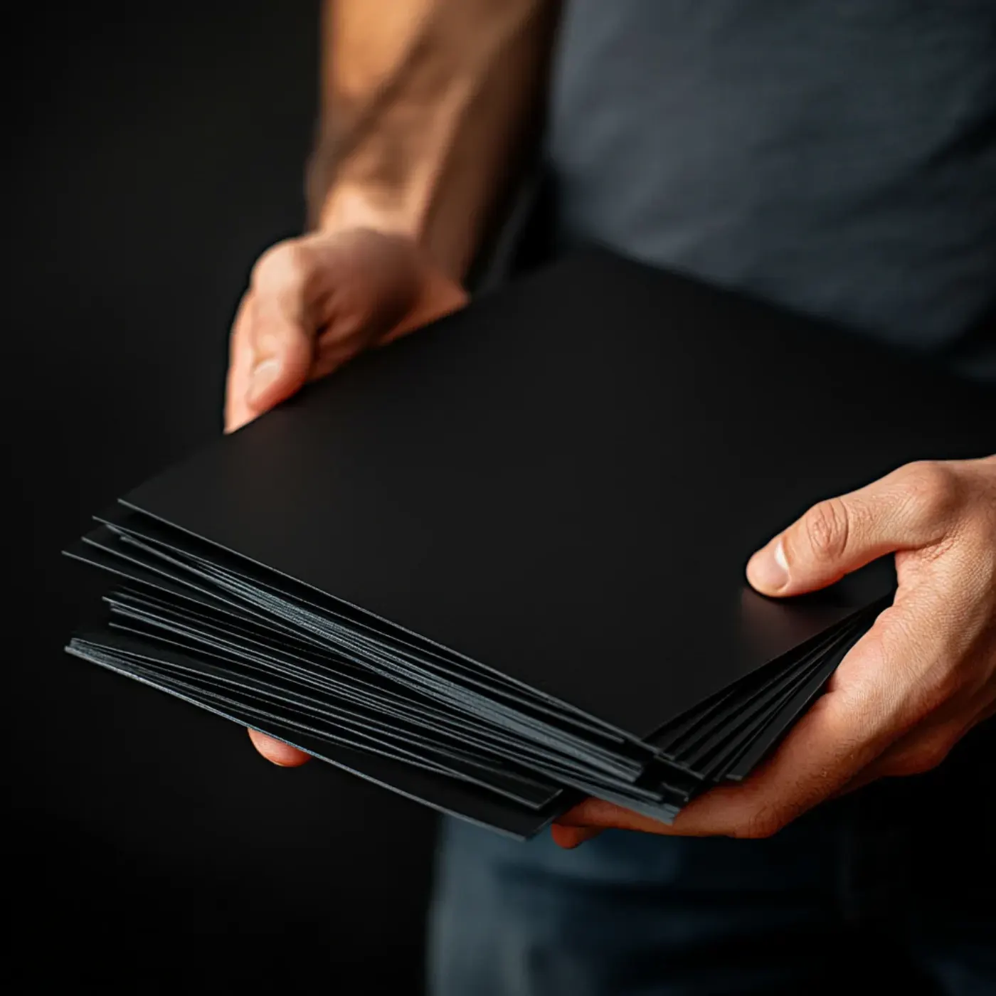 Stack of black PVC sheets ready for engraving